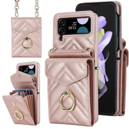 För Samsung Galaxy Z Flip 5 4 Wallet Phone Case RFID Blockering Ring Crossbody Wrist Strap Stand Credit Card Holder Leather Cover för Galaxt Z Flip3 5G Flip4 Flip5