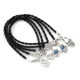 100 pezzi misti Kabbalah Hamsa mano portafortuna braccialetti corda intrecciata in pelle nera 17 -21 cm260O