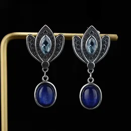Orecchini a bottone in argento 925 a forma di corona Orecchini pendenti in cianite Gioielli per le donne Pietre preziose Orecchini con zirconi blu Regali di compleanno YQ231211