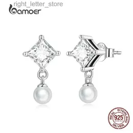 Stud Bamoer 925 Sterling Silver Simple Shell Pearl Stud arrings Sparkling Cubic Zircon Earrings for Women Fashion Party Jewelry YQ231211