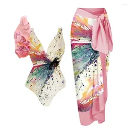 Women's Swimwear Watercolor Dragonfly Print One SHoulder Ruffle One-Piece Swimsuit And Cover Up Pareo