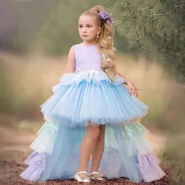 女の子のドレスふくらんで色付きの花のドレスウェディングレースレイヤースパンコールと弓の袖のプリンセスキッズバースデーボールガウン