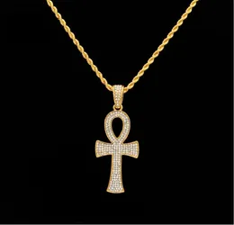 Hänghalsband hiphop egyptiska ankh nyckelhalsband guld silver bling rhinestone crystal crucifix hänge halsband för mens hip hop party smycken6177040