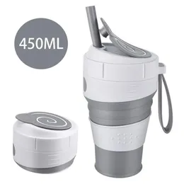 Силиконовая складная кофейная чашка 450 мл с соломенной герметичной крышкой для путешествий, пеших прогулок, пикника, пищевого класса BPA, складная кофейная кружка 2254x
