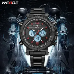 WEIDE мужские автоматические часы с цифровым репетиром даты, кварцевые часы с несколькими часовыми поясами, черный металлический корпус, ремень, браслет, наручные часы320j