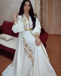 Elegant Moroccan Kaftan White Formal Evening Dresses With Gold Embroidery Long Sleeves A Line Front Split Satin Formal Occasion Dress For Women Arabic Dubai Style