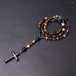 Pendant Necklaces Catholic Rosary Necklace For Man Natural Stone Brown Stripe Onyx Beaded Cross Vintage Women Jewelry