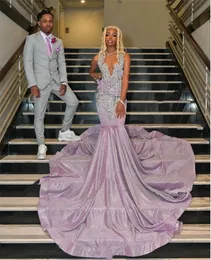 Light Purple O Neck Long Prom Dress For Black Girls 2024 Beaded Crystal Birthday Party Dresses Pleats Evening Gown Robe De Bal Es Es Es es