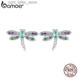 Stud BISAER 925 Sterling Silver Dragonfly Stud Earrings Insect Earrings Plated Platinum for Women Colorful Zircon Fine Jewelry BSE795 YQ231211