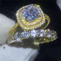 Amantes da marca conjunto de anel de noivado ouro amarelo preenchido 925 prata alianças de casamento anéis para mulheres homens 3ct 5a zircão cz jóias305z