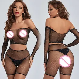 Lingerie da donna con strass a rete Lingerie sexy con rete cava trasparente Costume aderente Costume erotico trasparente con calza completa per il corpo Abbigliamento sexy