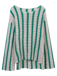Suéteres femininos feminino outono pullovers vintage temperamento oco listra colorblock uma linha pescoço relaxado camisola de manga longa d5195