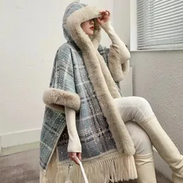 Damen-Wollmischungen, warme Quasten-Oberbekleidung für Damen, Vintage-Karo- und Plaid-Mäntel mit Schal, Cosplay-Kostüm, Pelzkragen, modische Damen-Straßenjacke 231211