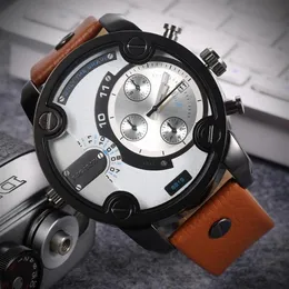 Zegarek na rękę Cool Big Case kwarc zegarek dla mężczyzn Casual Mens Watches Cagarny Luksusowy skórzany pasek Podwójny czas Miltiary Mascu2131