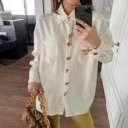 Women's Blouses Women Blouse Pure White Vertical Striped Shirt With Gold Buttons And Pendant Decorations