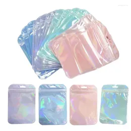 보석 파우치 50pcs holographic 레이저 작은 플라스틱 지퍼 가방 포일 파우어 비드 음식 저장 사업 포장 용품