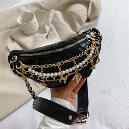 Mihaivina Women Belt Bag Pearl Midja Damer Läder Fanny Pack Handy Chain Girl Chest Crossbody Shoulder 220222274P