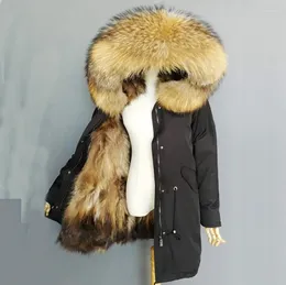 Женское роскошное зимнее пальто из натурального меха, женская куртка с воротником на натуральной подкладке, парки с капюшоном из енота, модная парка