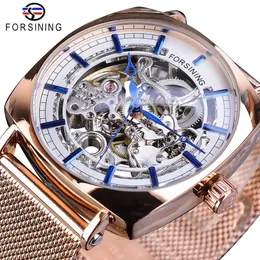 ForSining Rose Gold Mechanical Men armbandwatch Creative Square Transparent Business Steel Mesh Band Sports Automatic Watches Gift317f