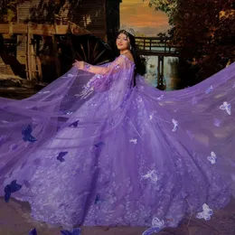 2024 lavanda luxo princesa quinceanera vestidos apliques arco contas com capa fora do ombro agitação espartilho vestidos de 15 anos