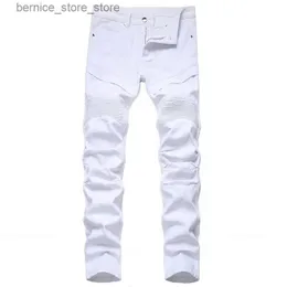 Jeans da uomo Trendy Patchwork Bianco pieghettato Jeans da motociclista slim fit da uomo Pantaloni lunghi in denim solido Abbigliamento uomo Casual Hombres Jeans da moto Q231213