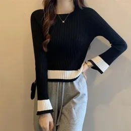 Suéteres femininos painéis pullovers mulheres de malha concurso temperamento fino estilo coreano outono moda o-pescoço chique feminino cortado all-match