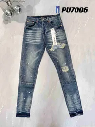 Mäns jeans lila varumärke Jean Men's Estressed Slim Fit Washed Destoed Make Old Hole Ripped Blue Jeans Denim Pants Byxor Q231213