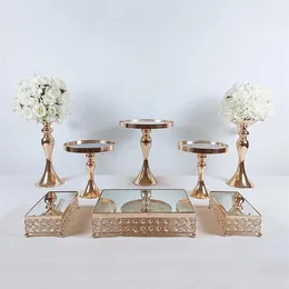 PCS Gold Electroplate Crystal Cake Stand Set Espejo Metal Cupcake Display Boda Fiesta de cumpleaños Plato de postre Rack Otros utensilios para hornear215r