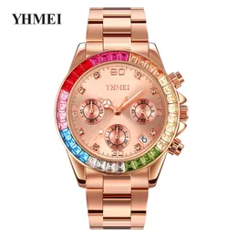 Women's fashion rhinestone set six-pin waterproof calendar fashion steel band quartz watch