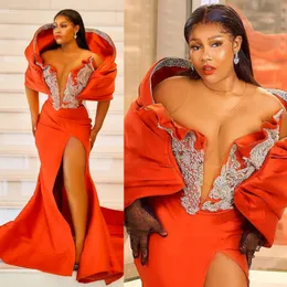 2023 Plus Size Aso Ebi Abiti da ballo Collo trasparente Abito da sera spaccato sexy Illusione Perline Strass Abiti da festa di compleanno Secondo ricevimento Abito di gala Vestido De AM155