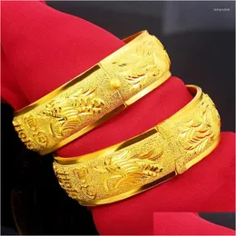 Bangle Bangle 18k banhado a ouro senhoras pulseira ampla estilo retro dragão e phoenix para namorada aniversário casamento jóias presente gota de dhzv7