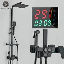 Cabeças de chuveiro do banheiro preto termostática lcd torneira conjunto temperatura display chuva banheira torneira com prateleira eletricidade por água 231212