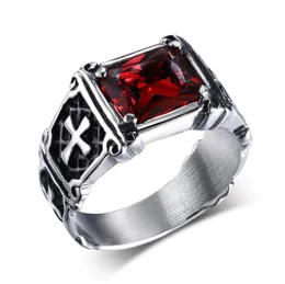 MPrainbow Vintage Erkek Yüzük Paslanmaz Çelik Kırmızı Büyük Kristal Pençe Cross Ring Band Gotik Biker Şövalye Punk Takı 2017128975865