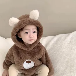Rompers Winter Baby Long Sleeve Plush Bodysuit Boy Girl Born Cartoon Bear Hooded Jumpsuit Infant Plus Velvet Thick Warm Clothes