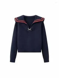 Women's Sweaters Women Fashion Metal Buckle Decoration Cropped Naval Neck Knitted Sweater Vintage Long Sleeve Female Pullovers Chic Tops