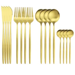 Köksredskap sätter 16st Gold Matte Cutlery Set Knife Fork Spoons Moderna Rostfritt stål Tabeller Western Flatware Kitchen Silverware 231211