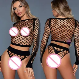 Kvinnor Mesh Exotic Teddies Underkläder Öppet Crotch Seat-Through bodysuit Lady Costumes Set Sexig ihålig bodystocking Catsuits Sexig