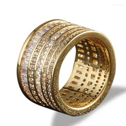 Klusterringar hiphop 5 rader cz sten stenlagd bling ut geometrisk rund finger för män rappar smycken guld silver färg