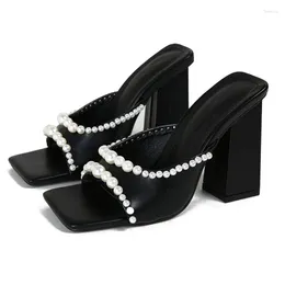 Slippers SEXY Pearl Thick High Heels For Women Square Toe Ladies Mules Slides Summer Party Dress Sandal Black