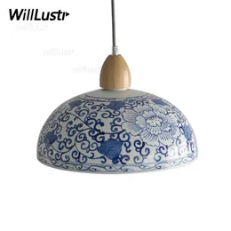 Chińskie wisiorek jasnoniebieski i biały porcelanowa lampa zawieszenia