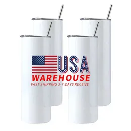 USA/CA Warehouse 20 Oz 20oz Sublimation Tumblers Slim Straight Mugs Blanks White Thermos vattenflaskor 1212