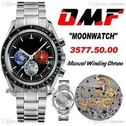 OMF Moonwatch 3577 50 00 Мужские часы с хронографом с ручным заводом, черный цвет циферблата, браслет из нержавеющей стали, версия Pure286e