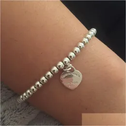 Bärade 100% S925 Sier Luxury Heart Pärled Tag Strands Armband Kvinnor Fina smycken Trendiga pärlor kedja runda bollarmband för tjejfri dhgef