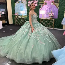 Nane Yeşil Quinceanera Omuzdan Omuz Balo Elbise 3d Çiçek Aplikler Dantel Boncuklar Korse Sweet 16 Vestidos De XV 15 Anos