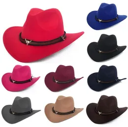 Winter Fedora Hat Men kobiety metalowa krowa głowa Western Cowboy Woolen Jazz Hat Fint Hat Wide Brim Hats3463694