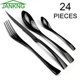 Conjuntos de louça Jankng 24 pcs preto 1810 talheres de aço inoxidável conjunto bife faca garfo colher colher de chá talheres comida talheres 231211