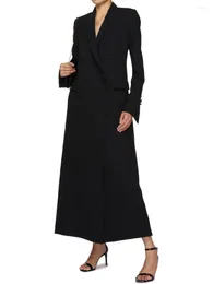 Women's Suits Black For Blazers All Season A Word Long Coat Small Collar Double Breasted Special Split Cuff Full Sleeve Overcoat