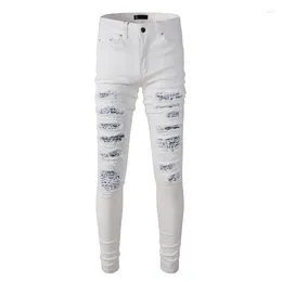 Jeans da uomo moda bianco slim fit effetto vissuto streetwear bandana patchwork skinny fori elasticizzati High Street strappato