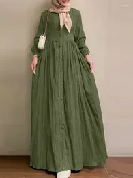 Etnik Giyim Müslüman Kadınlar Vintage Uzun Kollu Düz Renkli Elbise Dubai Türkiye Abaya Bahar Sonbahar Zarif Sıradan Sundress Elbise Bayanlar İçin