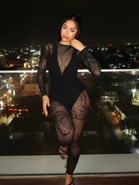 Women's Jumpsuits Rompers Kliou Black Mesh Butterfly Crochet Double Sided Wearable Stockings Lingerie Women Sexy Body-shaping Sheer Jumpsuit Ladies OutfitL231212